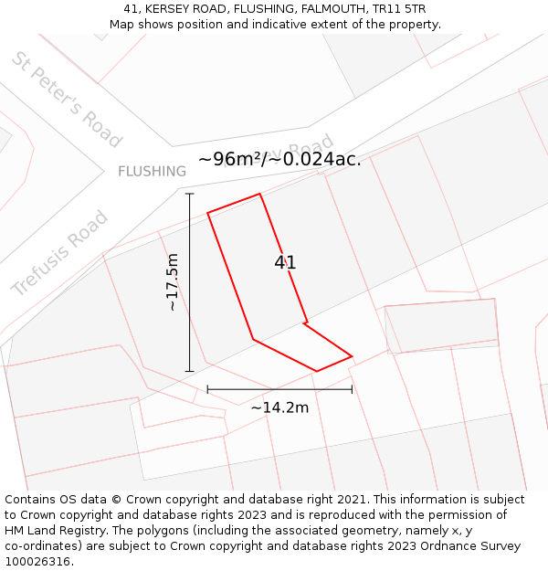 41, KERSEY ROAD, FLUSHING, FALMOUTH, TR11 5TR: Plot and title map