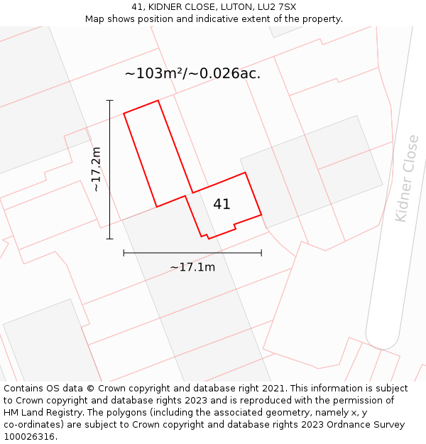 41, KIDNER CLOSE, LUTON, LU2 7SX: Plot and title map