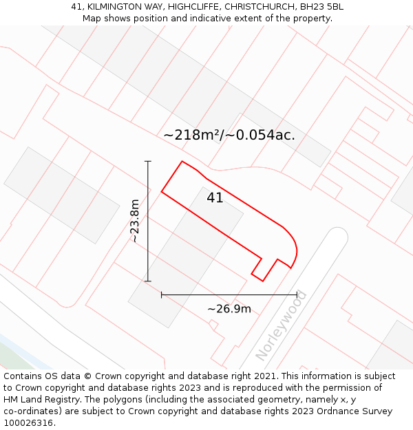 41, KILMINGTON WAY, HIGHCLIFFE, CHRISTCHURCH, BH23 5BL: Plot and title map