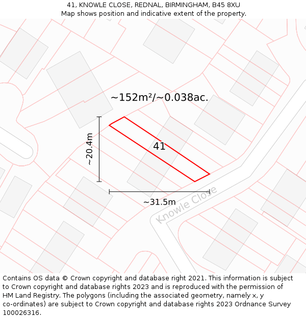 41, KNOWLE CLOSE, REDNAL, BIRMINGHAM, B45 8XU: Plot and title map