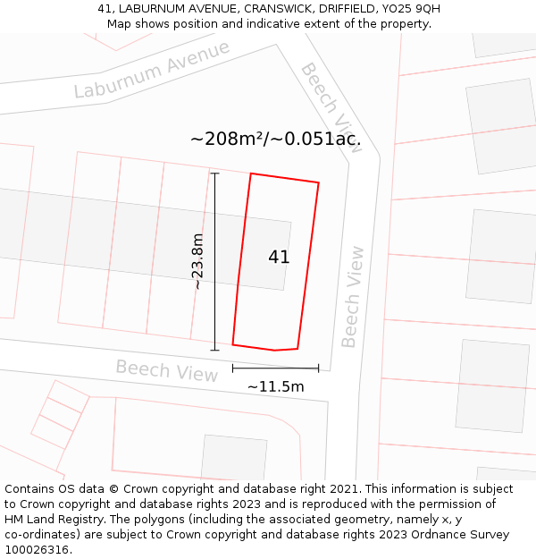 41, LABURNUM AVENUE, CRANSWICK, DRIFFIELD, YO25 9QH: Plot and title map
