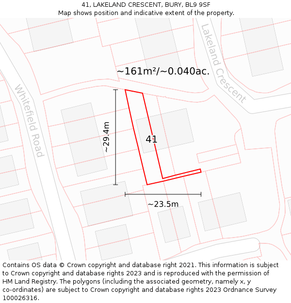 41, LAKELAND CRESCENT, BURY, BL9 9SF: Plot and title map