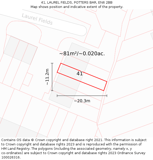 41, LAUREL FIELDS, POTTERS BAR, EN6 2BB: Plot and title map