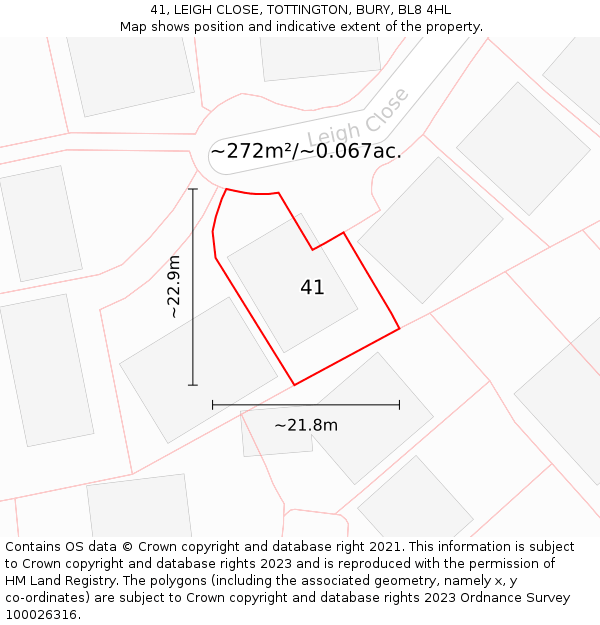 41, LEIGH CLOSE, TOTTINGTON, BURY, BL8 4HL: Plot and title map