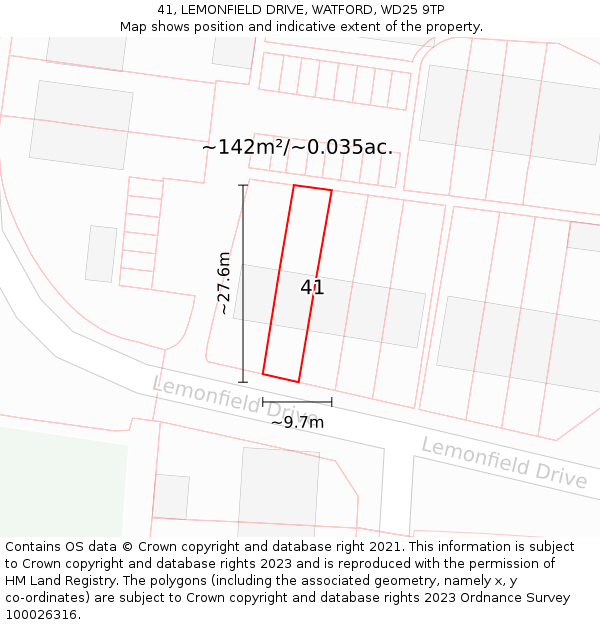 41, LEMONFIELD DRIVE, WATFORD, WD25 9TP: Plot and title map