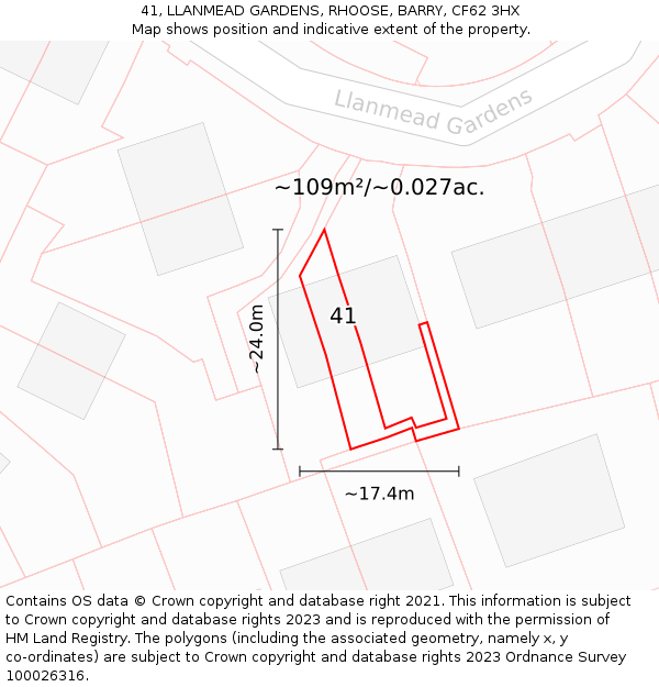 41, LLANMEAD GARDENS, RHOOSE, BARRY, CF62 3HX: Plot and title map