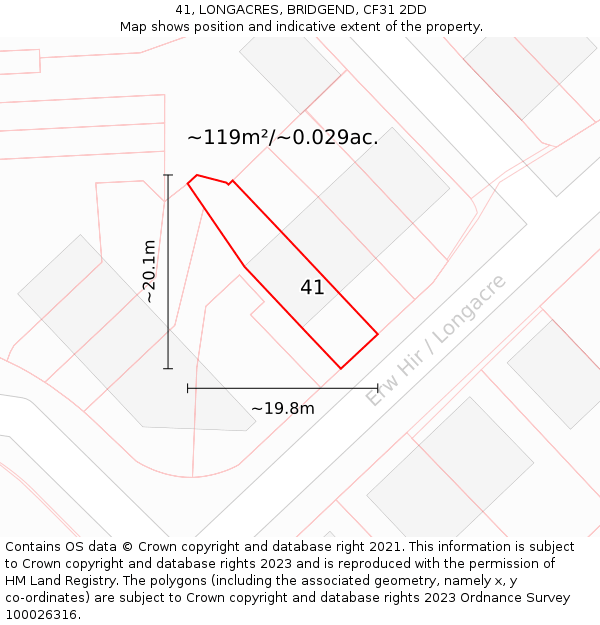 41, LONGACRES, BRIDGEND, CF31 2DD: Plot and title map