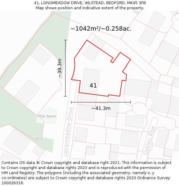 41, LONGMEADOW DRIVE, WILSTEAD, BEDFORD, MK45 3FB: Plot and title map