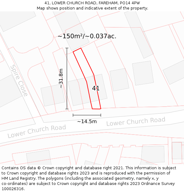 41, LOWER CHURCH ROAD, FAREHAM, PO14 4PW: Plot and title map