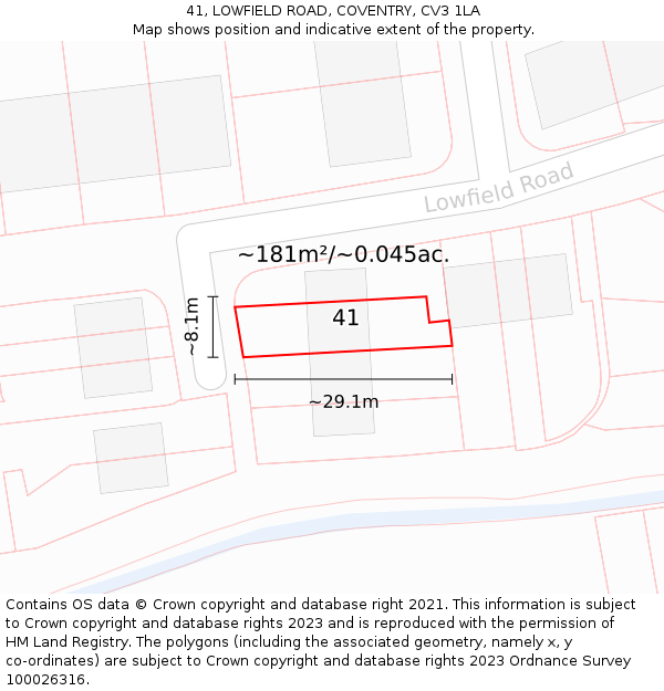 41, LOWFIELD ROAD, COVENTRY, CV3 1LA: Plot and title map