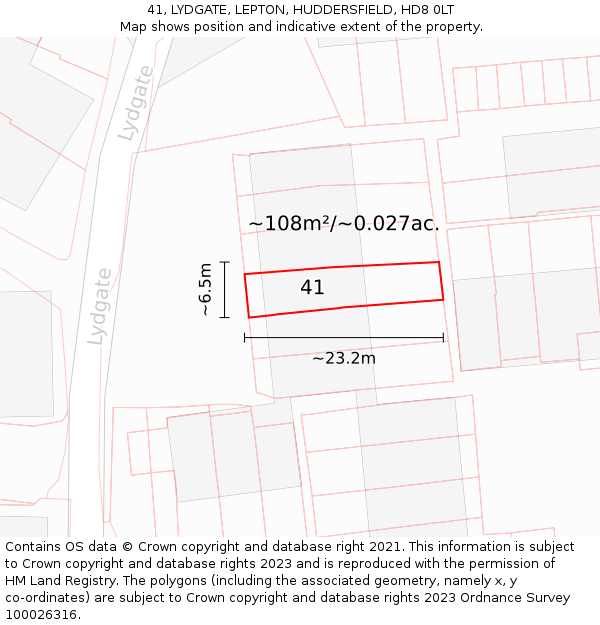 41, LYDGATE, LEPTON, HUDDERSFIELD, HD8 0LT: Plot and title map