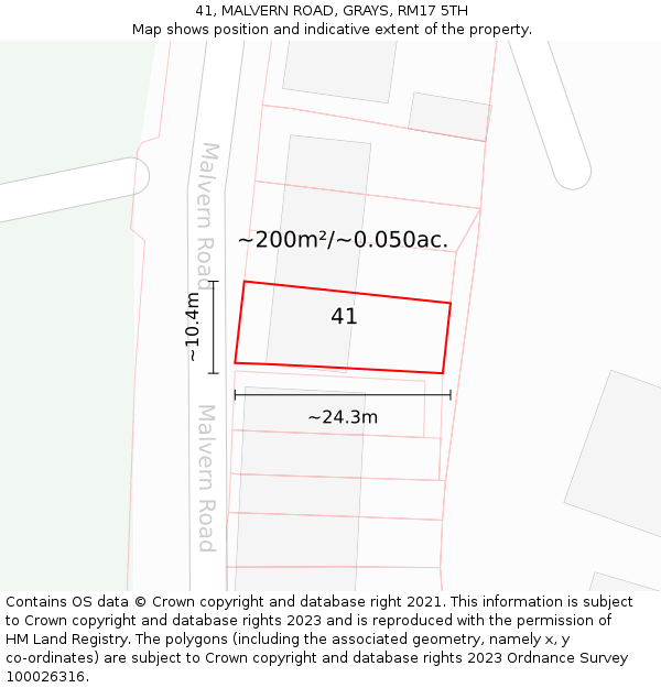41, MALVERN ROAD, GRAYS, RM17 5TH: Plot and title map