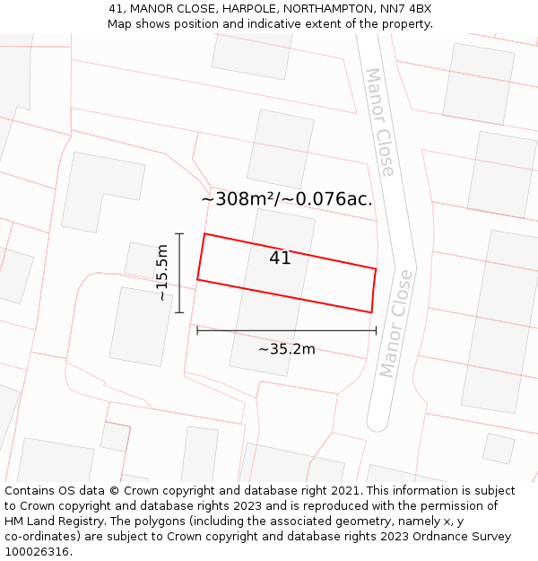 41, MANOR CLOSE, HARPOLE, NORTHAMPTON, NN7 4BX: Plot and title map