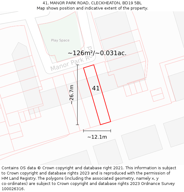 41, MANOR PARK ROAD, CLECKHEATON, BD19 5BL: Plot and title map