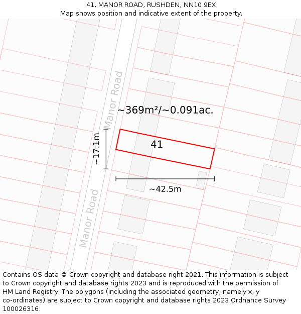 41, MANOR ROAD, RUSHDEN, NN10 9EX: Plot and title map