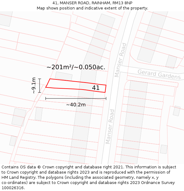 41, MANSER ROAD, RAINHAM, RM13 8NP: Plot and title map