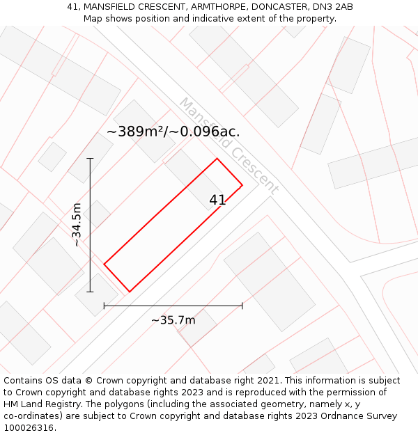 41, MANSFIELD CRESCENT, ARMTHORPE, DONCASTER, DN3 2AB: Plot and title map