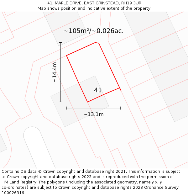 41, MAPLE DRIVE, EAST GRINSTEAD, RH19 3UR: Plot and title map