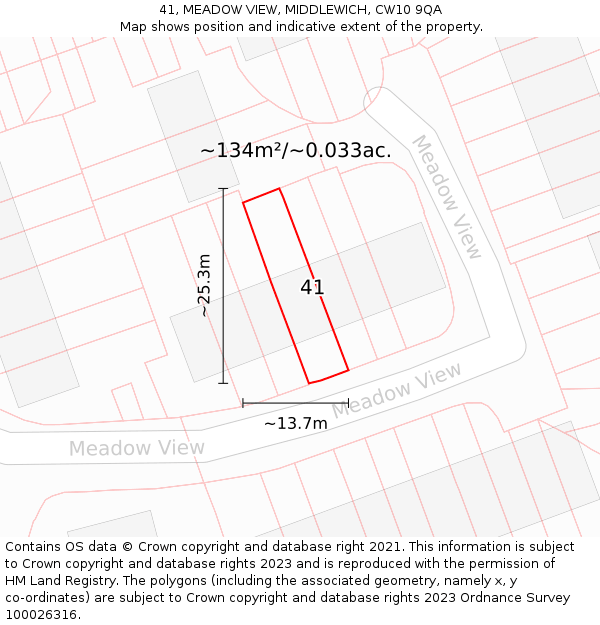 41, MEADOW VIEW, MIDDLEWICH, CW10 9QA: Plot and title map