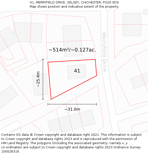 41, MERRYFIELD DRIVE, SELSEY, CHICHESTER, PO20 0DS: Plot and title map