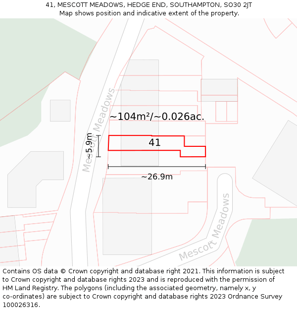 41, MESCOTT MEADOWS, HEDGE END, SOUTHAMPTON, SO30 2JT: Plot and title map