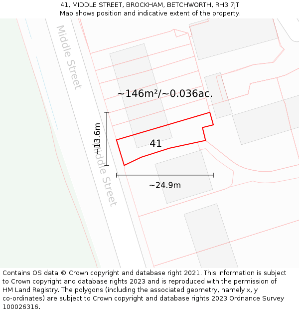 41, MIDDLE STREET, BROCKHAM, BETCHWORTH, RH3 7JT: Plot and title map