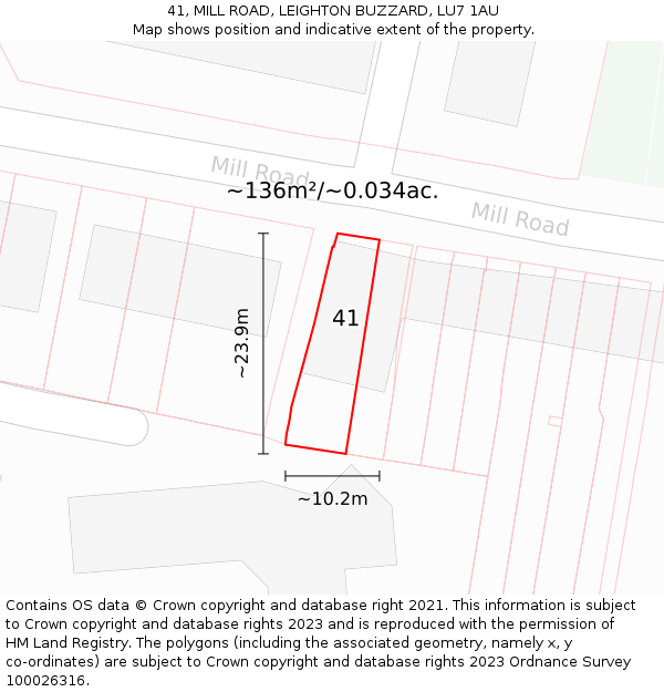 41, MILL ROAD, LEIGHTON BUZZARD, LU7 1AU: Plot and title map