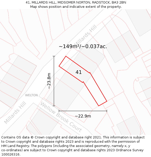 41, MILLARDS HILL, MIDSOMER NORTON, RADSTOCK, BA3 2BN: Plot and title map
