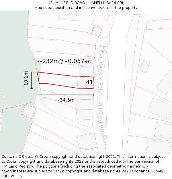 41, MILLFIELD ROAD, LLANELLI, SA14 8BL: Plot and title map
