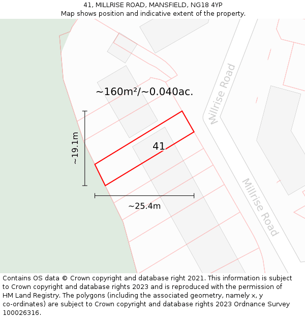 41, MILLRISE ROAD, MANSFIELD, NG18 4YP: Plot and title map