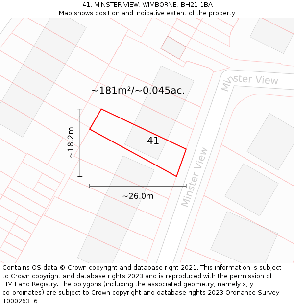 41, MINSTER VIEW, WIMBORNE, BH21 1BA: Plot and title map