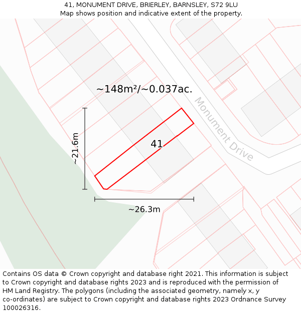41, MONUMENT DRIVE, BRIERLEY, BARNSLEY, S72 9LU: Plot and title map