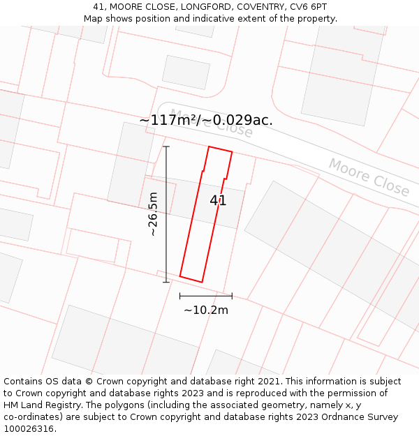 41, MOORE CLOSE, LONGFORD, COVENTRY, CV6 6PT: Plot and title map