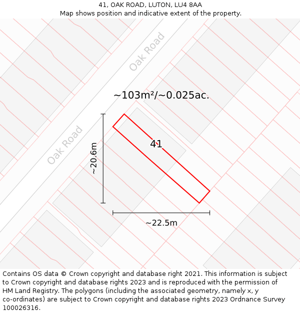 41, OAK ROAD, LUTON, LU4 8AA: Plot and title map