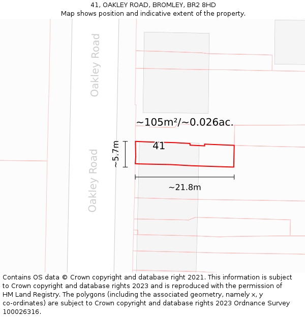 41, OAKLEY ROAD, BROMLEY, BR2 8HD: Plot and title map