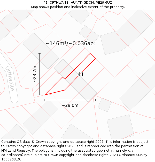 41, ORTHWAITE, HUNTINGDON, PE29 6UZ: Plot and title map