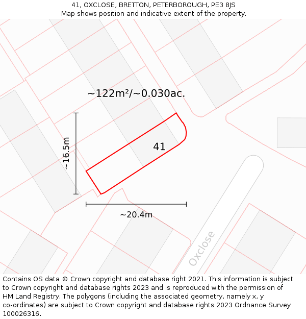 41, OXCLOSE, BRETTON, PETERBOROUGH, PE3 8JS: Plot and title map