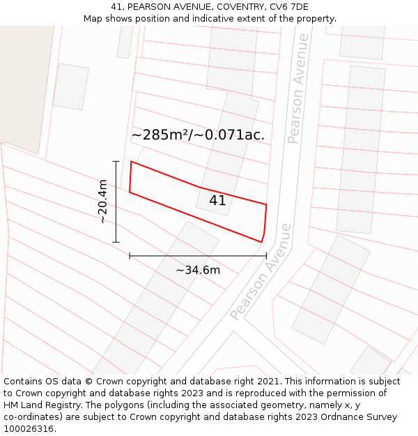 41, PEARSON AVENUE, COVENTRY, CV6 7DE: Plot and title map