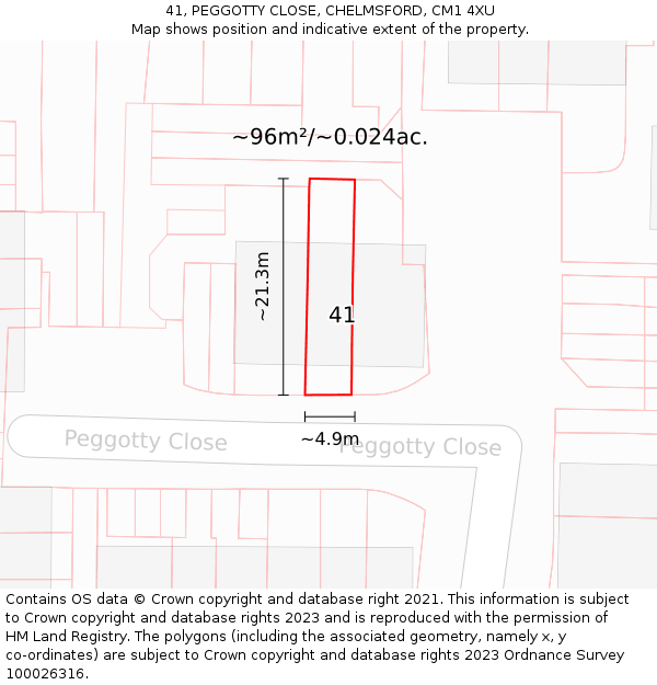 41, PEGGOTTY CLOSE, CHELMSFORD, CM1 4XU: Plot and title map