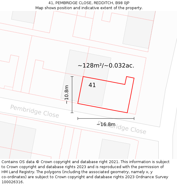 41, PEMBRIDGE CLOSE, REDDITCH, B98 0JP: Plot and title map