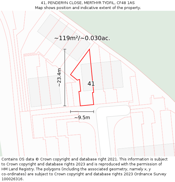 41, PENDERYN CLOSE, MERTHYR TYDFIL, CF48 1AS: Plot and title map