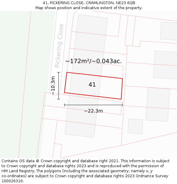 41, PICKERING CLOSE, CRAMLINGTON, NE23 6QB: Plot and title map