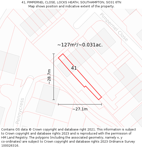 41, PIMPERNEL CLOSE, LOCKS HEATH, SOUTHAMPTON, SO31 6TN: Plot and title map