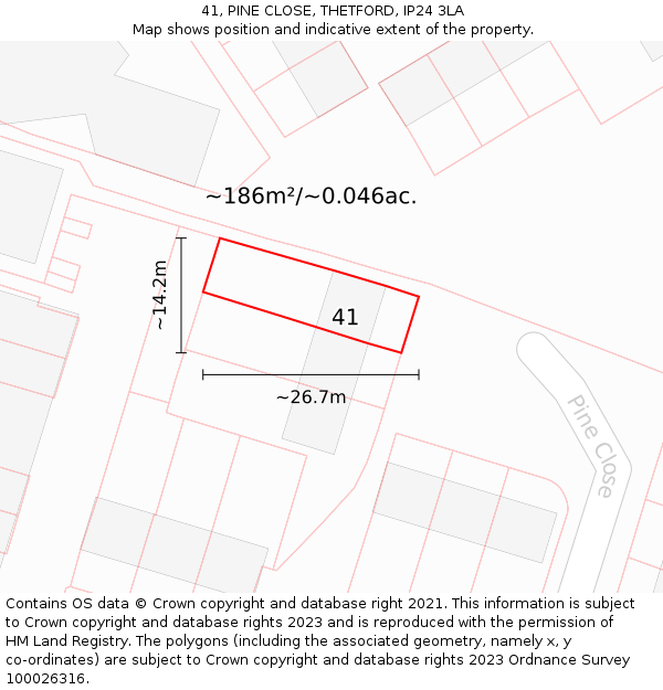 41, PINE CLOSE, THETFORD, IP24 3LA: Plot and title map