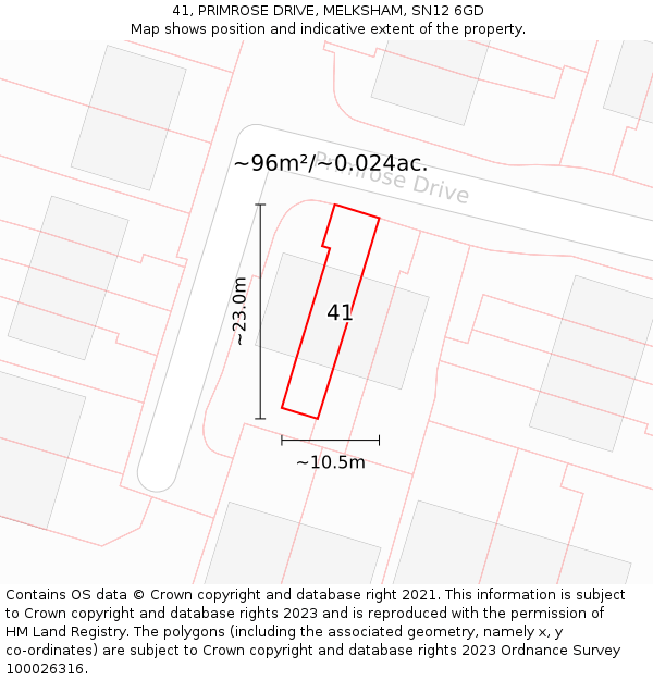 41, PRIMROSE DRIVE, MELKSHAM, SN12 6GD: Plot and title map