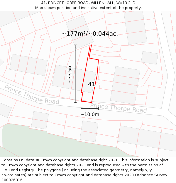 41, PRINCETHORPE ROAD, WILLENHALL, WV13 2LD: Plot and title map