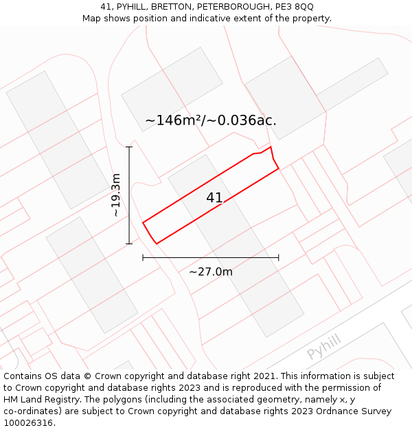 41, PYHILL, BRETTON, PETERBOROUGH, PE3 8QQ: Plot and title map