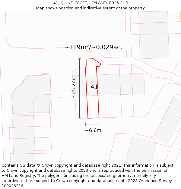 41, QUINS CROFT, LEYLAND, PR25 3UB: Plot and title map