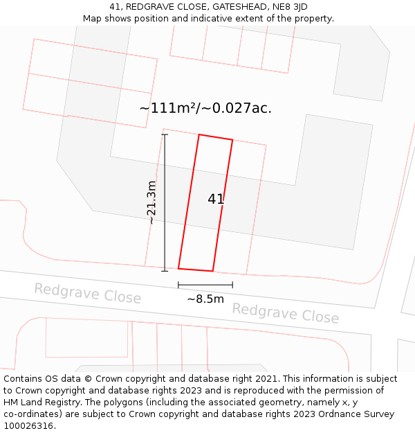 41, REDGRAVE CLOSE, GATESHEAD, NE8 3JD: Plot and title map