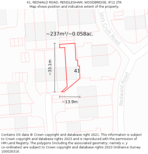 41, REDWALD ROAD, RENDLESHAM, WOODBRIDGE, IP12 2TA: Plot and title map